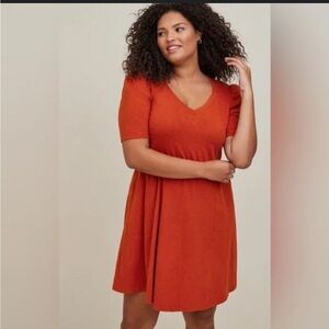 Mini Puff Sleeve Skater Dress - Cotton Slub Rust Orange